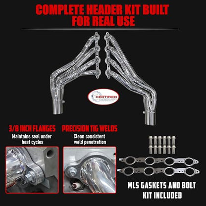 LS Swap Long Tube Headers Polished 304 Stainless Steel for 1960–1987 Chevy GMC C10 K10 Trucks and 1988–1991 Square Body 2WD 4WD Includes MLS Gaskets 12pc Header Bolt Kit - size: New Design C10 K10 Stainless LS Swap Headers