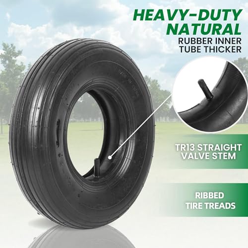 (2 Sets) 4.00-6 Replacement Pneumatic Tires and Inner Tubes - Universal Fit 13” Tires and Tubes Compatible with Wheelbarrows and Gorilla Carts - With Ribbed Treads and TR13 Straight Valve Stems - size: 4.00-6