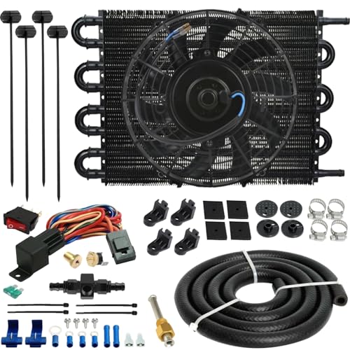 8 Row Auto Transmission Oil Cooler 9" Inch Electric Fan & 6AN in-line Hose Thermostat Switch Car Truck Wiring Kit (180'F On - 165'F Off) - size: 180'F On - 165'F Off