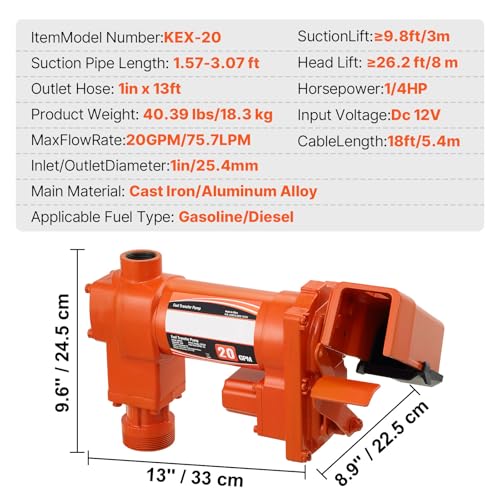 VEVOR Fuel Transfer Pump 12V DC 20 GPM 1/4 HP Gasoline Extractor Pump Kit - size: 12V 20GPM with Accessories