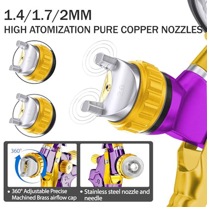 HVLP Air Spray Gun with 1.4/1.7/2mm Nozzles & Air Compressor Regulator, Air Spray Paint Gun w/10pcs 600cc Mixing Cup and Lids, Automotive Paint Sprayer for Car, House Painting, Furniture (Purple) - color: Purple