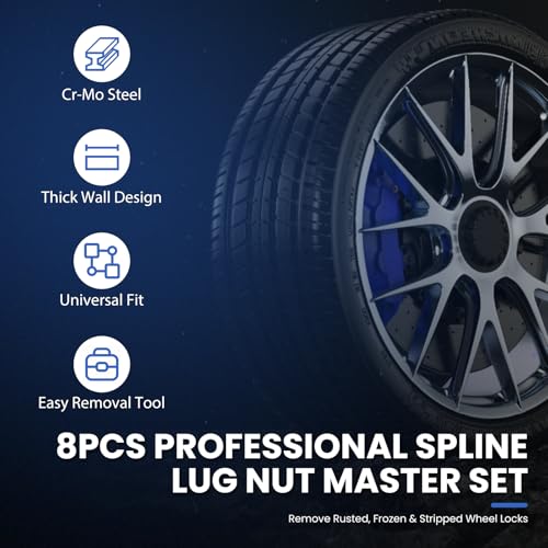 8PCS Spline Lug Nut Socket Set, CR-MO Universal Wheel Lock Removal Tool & Master Key Kit for Automotive Locking Lug Nuts, 5/6/7/12 Spline - size: 8PCS Spline Lug Nut Socket Set