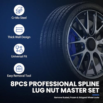 8PCS Spline Lug Nut Socket Set, CR-MO Universal Wheel Lock Removal Tool & Master Key Kit for Automotive Locking Lug Nuts, 5/6/7/12 Spline - size: 8PCS Spline Lug Nut Socket Set