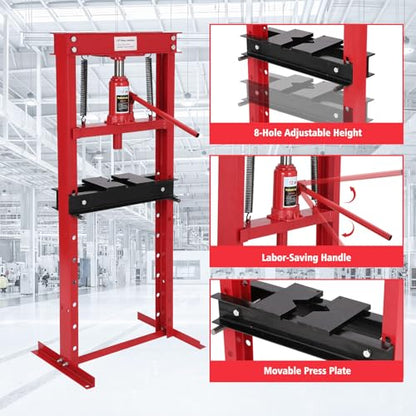GarveeTech 12T Hydraulic Shop Press, H-Frame Heavy Duty Garage Floor Shop Press Tool with Plates, Adjustable Working Table Height to Bend, Straighten, Or Press Parts, Red