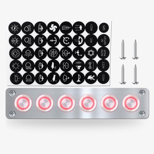 6 Gang Push Button Switch Panel Antioxidant Aluminum DC 12V Pre-Wired with LED Indicator Light IP65 Waterproof Panel for Marine Car RV Truck Yacht (Red LED) - color: 6Gang Red LED