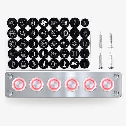 6 Gang Push Button Switch Panel Antioxidant Aluminum DC 12V Pre-Wired with LED Indicator Light IP65 Waterproof Panel for Marine Car RV Truck Yacht (Red LED) - color: 6Gang Red LED