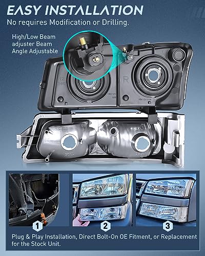 Nilight Headlight Assembly for 2003 2004 2005 2006 Chevy Silverado Avalanche 1500 1500HD 2500 2500HD 3500 Chevrolet Pickup Replacement Headlamp Housing Bumper Lamp Set - color: Chrome Housing + Clear Reflector