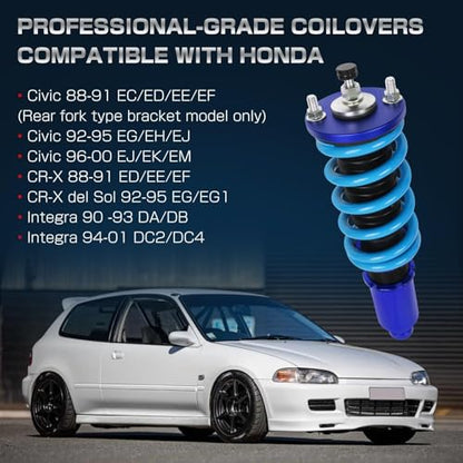 24 Levels Adjustable Coilovers Compatible with Honda Civic 1988-2000 CRX 1992-1995 Delsol 1993-1997 Integra 1990-2001 High Poundage Coil Spring Absorber Struts Suspension Lowering Kit Blue - color: Blue