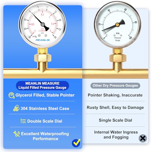 MEANLIN MEASURE -30inHG~30Psi Stainless Steel 1/4" NPT 2.5" FACE DIAL Vacuum Pressure Gauge, Lower Mount, with 1/2" NPT and 3/8" NPT Hex Bushing - size: -30inHG-30Psi