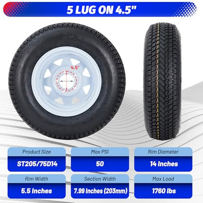 ST205/75D14 Trailer Tires with 14 in Rims, 5 Lug on 4.5 in, Load Range C, 6PR - size: ST205/75D14, style: 5 lug on 4.5"