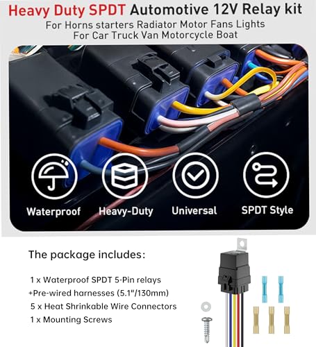 1 Pack 5-PIN 40/30 AMP 12V DC Waterproof Relay Kit with Heavy-Duty 12&16 AWG Tinned Copper Wires Pigtail, 5 PIN SPDT Automotive Relay - color: 1 Pack 5-PIN Relay