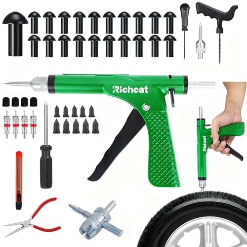 Richcat Tubeless Tire Puncture Repair Kit with Mushroom Plug, Repairs punctures and Flat Tires for Motorcycles, Cars, Trucks, ATVs,Gun Puncture Repair Kit - size: 20Plugs Kit