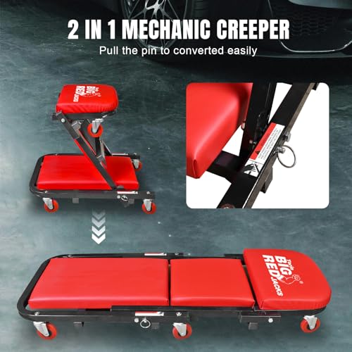 Big RED ATW4015ZR Torin ，40" Foldable Z-Creeper Seat，2-in-1 Garage/Shop Creeper，330 lbs Capacity，Low Profile Creeper with 6 pcs Wheels for Auto Repair，Garage and Shop，Lay Down or Sit，Red - style: 40″RED Foldable Creeper