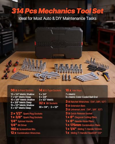 VEVOR Mechanics Tool Set, 314-Piece Mechanic Tool Kit, 1/4 in, 3/8 in, and 1/2 in Drive, Metric Socket Set, Wrenches, Screwdriver Bits, Accessories, and Storage Case, for Automotive and Home Repair - size: 314-PCS