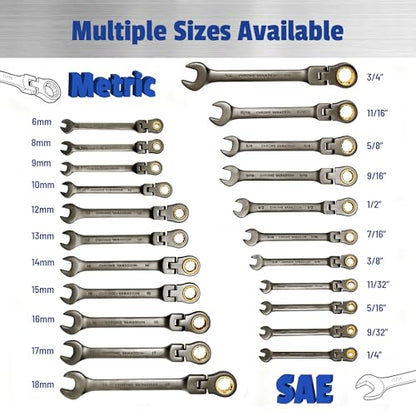 22 PCS Flex Head Ratcheting Wrench Set, 180° Flex Head, Metric & SAE