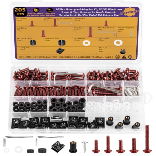 205PCS Motorcycle Fairing Bolts Kit, Red Zinc Plated 304 Stainless Steel M5 M6 Bodywork Screws, Sportbike Windscreen Fasteners Hardware with Well Nuts for Ducati, Honda, Yamaha - color: Red