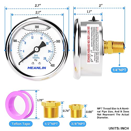 MEANLIN MEASURE 0~400Psi Stainless Steel 1/4" NPT 2.5" FACE DIAL Liquid Filled Pressure Gauge WOG Water Oil Air Center Back Mount, with 1/2" NPT and 3/8" NPT Hex Bushing - size: 0-400Psi
