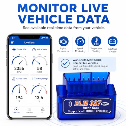 OBD2 Scanner Bluetooth 5.1 Adapter for iPhone & Android, OBDII Car Diagnostic Code Reader for 12V Gas Cars, Check Engine Light Reader with Live Data, VIN, RPM, Coolant Temp, YMOBD App - color: blue