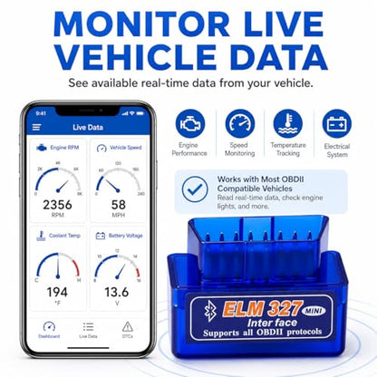 OBD2 Scanner Bluetooth 5.1 Adapter for iPhone & Android, OBDII Car Diagnostic Code Reader for 12V Gas Cars, Check Engine Light Reader with Live Data, VIN, RPM, Coolant Temp, YMOBD App - color: blue