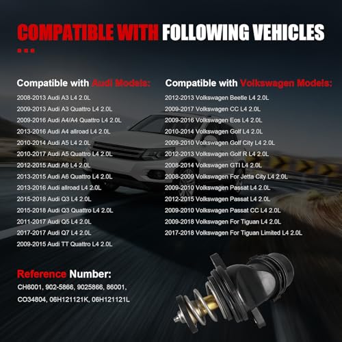 Thermostat Housing Assembly w/Seal Compatible with Volkswagen Jetta, Jetta City Passat Golf Tiguan Beetle CC Eos GTI,Audi A4 Q5 Q7 A5 A6 A3 Q3 TT Quattro,OEM#06H121121K 06H121121L 902-5866 - size: CH6001