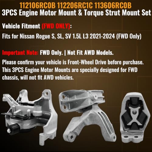 112206RC1C Engine Motor & Transmission Mount Kit Fit Nissan Rogue 1.5 2023 2021 2022 2024 (FWD ONLY), Motor Mount Trans Mount Kit w/Torque Strut Mount Replaces 112206RC1A 113606RC0B