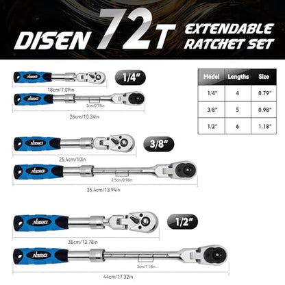 DISEN 3-Piece Extendable Flex-Head Ratchet Wrench Set with EVA Storage Case - 1/4", 3/8", 1/2" Drive, 72-Tooth, Rubber Grip, Adjustable Length - Professional Automotive and DIY Tools - color: Extendable Flex-head Ratchet