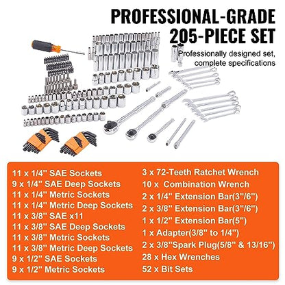 VEVOR Mechanics Tool Set, 205 Pcs SAE and Metric Sockets, 1/4" 3/8" 1/2" Drive Deep and Standard Sockets, Chrome Vanadium Steel, Polyethylene - size: 205-PCS