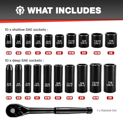 EACELIY 21pcs 3/8" Socket Set,Drive Impact Socket Set, SAE, Deep & Shallow, Cr-V Steel, 6 Point with Adapters, 72T Ratchet Handle, 5/16-7/8inch - size: 21 PCS (5/16"-7/8")