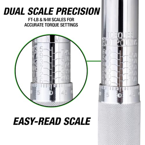 OEMTOOLS 25688 3/4 Drive Socket Torque Wrench, Ratchet Click Style, 100-600 Ft/Lb., 135.5 - 813.5 Nm, Accurate to +/-4%, 43 Inches Long - color: Chrome, size: 3/4" Dr. 100-600 Ft/Lbs