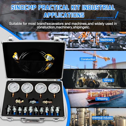 Hydraulic Pressure Gauge Test Kit 4 Gauges(10/25/40/60MPa) Tester Set with 3 Test Hoses & 13 Couplings Straight Connectors for Construction Machinery Excavator(Silver) - size: Silver 4 Gauges 13 Couplings