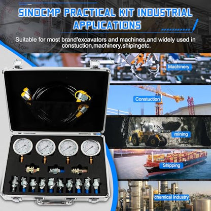 Hydraulic Pressure Gauge Test Kit 4 Gauges(10/25/40/60MPa) Tester Set with 3 Test Hoses & 13 Couplings Straight Connectors for Construction Machinery Excavator(Silver) - size: Silver 4 Gauges 13 Couplings