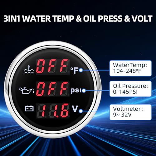 MH Triple Gauge Set - Water Temp (104°F-248°F), Oil Pressure (0-145PSI), Voltmeter (9-32V), AUTO Gauge with Sensors 2" 52mm 3-in-1 Boat Marine Meter Kit (Black and Silver) - color: Black and Silver