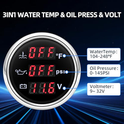 MH Triple Gauge Set - Water Temp (104°F-248°F), Oil Pressure (0-145PSI), Voltmeter (9-32V), AUTO Gauge with Sensors 2" 52mm 3-in-1 Boat Marine Meter Kit (Black and Silver) - color: Black and Silver