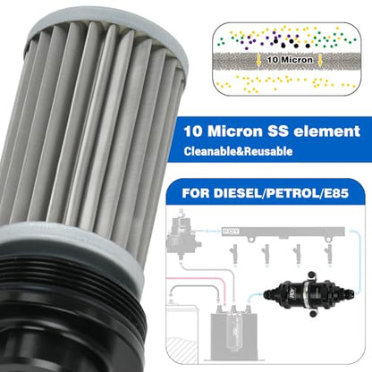 AN6 AN8 AN10 Inline Fuel Filter E85 Ethanol with 10 Micron Stainless Steel Element Black - size: AN6 AN8 AN10 - 10 Micron