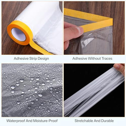 10 Rolls 5Ft x 65Ft Painters Plastic with Tape Pre-Taped Masking Film