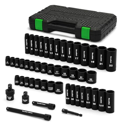 TecoTek 3/8" Drive Impact Socket Set, 49-Piece SAE (5/16"-3/4") and Metric (8mm-22mm), 6 Point, Cr-V, Extension Bars, 1/2" F to 3/8" M Reducer, Universal Joint and Power Drill Adapter - style: 3/8" Drive 49pcs Impact Socket Set