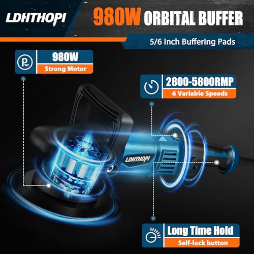 LDHTHOPI Dual Action Polisher, 980W 5/6 Inch, 9MM Random Orbital Buffer Polisher for Car Detailing, 2800-5800RMP, 6 Variable Speed Buffer Polisher with 8 Detachable Pads - size: 980W Dual