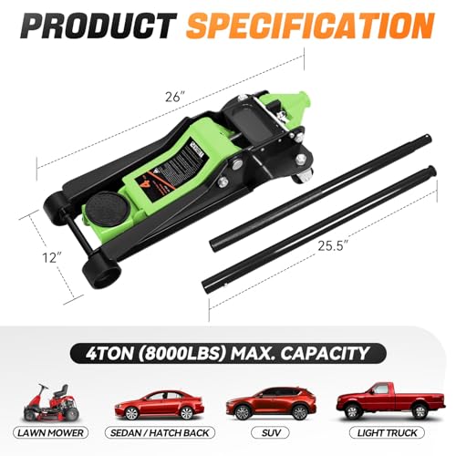 Auto Dynasty 4Ton Low Profile Floor Jack, Heavy Duty w/Dual Pistons, Green - color: Green, size: 4T Dual Pump