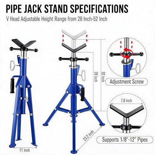 2PCS Pipe Jack Stand, Heavy Duty Pipe Stand, 2500LB Jack Stands Carbon Steel with Portable Folding Legs 28-52 Inch Height Adjustable 1/8"-12" Capacity - color: Blue | 2PCS