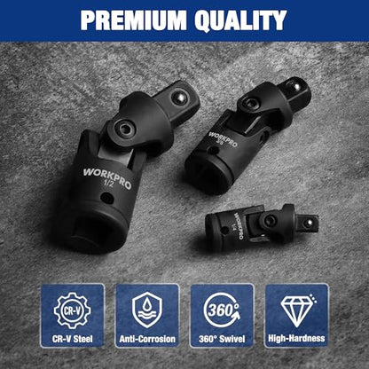 WORKPRO Universal Joint Socket Adapter Set, 3-Piece, 1/4", 3/8", 1/2" Drive