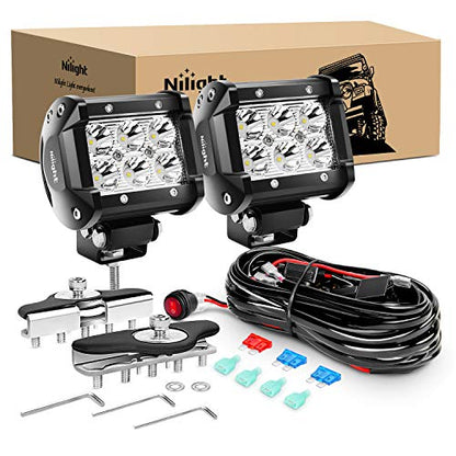 Nilight 2PCS 4 Inch 18W Spot led Pods Universal Adjustable Pillar Hood Led Work Light Mount Bracket with Off Road Wiring Harness-2 Leads - color: Led Pods+Wiring Harness+Pillar Hood Bracket, size: 4 Inch