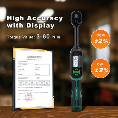 AEROFORCE Digital Torque Wrench - 3/8 Inch Drive Electric Torque Wrench (3-60Nm), Features Dual-Direction Ratchet, ±2% Accuracy, Buzzer & LED Alerts, 4-Measurement Unit (Nm/lb.ft/in.lb/kgf.cm) - style: 3/8’’ 2.21-44.25 lb.ft