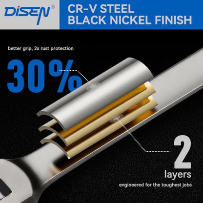 DISEN Ratcheting Wrenches Set 90 Tooth Flex-Head with Nickel Plating 24 Pcs - size: 24 MM&IN