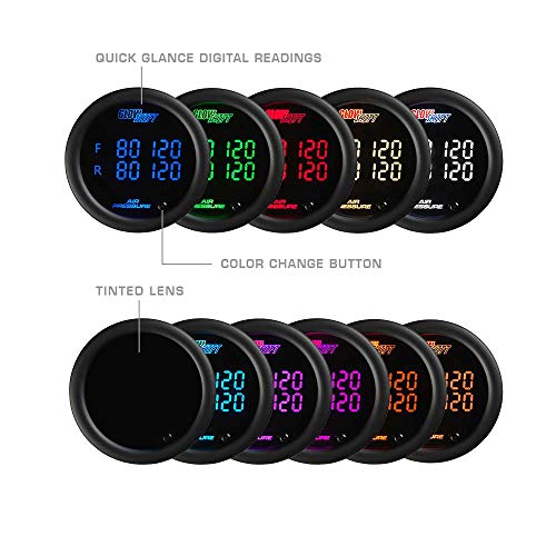 GlowShift 10 Color Digital Quad Air Pressure Gauge Kit, 2-1/16" 52mm