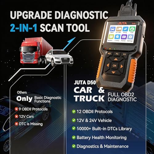 JUTA Heavy Duty Truck Scanner Diesel OBD2 Diagnostic Scan Tool, 2-in-1 Check Engine Code Reader for Car and Truck, Real-Time Data Stream, Battery Test