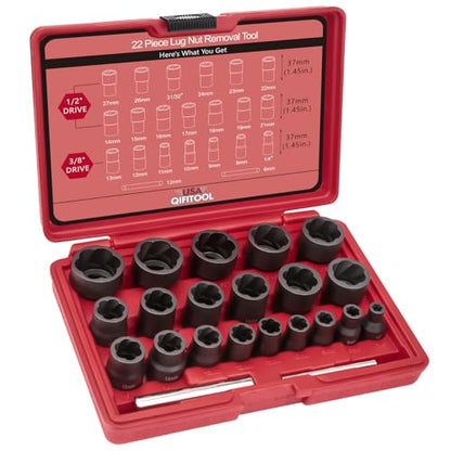 22PCS Bolt Extractor Set, 1/2" and 3/8" Drive Easy Out Stripped Locking Lug Nut Removal Tool, Ez Out Wheel Lock Remover Kit for Extracting Damaged, Broken, Rusted Nuts & Screws(Red)