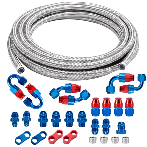 8AN PTFE Fuel Line Kit, AN8 E85 Stainless Steel Braided Fuel Line Hose 20FT with PTFE Hose End Fittings for LS Swap EFI Fuel System, Blue & Red. - size: 8AN 20FT