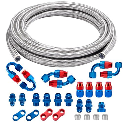8AN PTFE Fuel Line Kit, AN8 E85 Stainless Steel Braided Fuel Line Hose 20FT with PTFE Hose End Fittings for LS Swap EFI Fuel System, Blue & Red. - size: 8AN 20FT