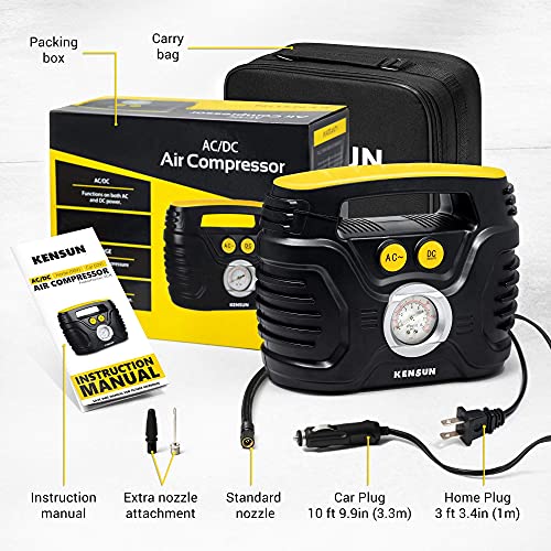 Kensun Portable Air Compressor Pump for Car 12V DC and Home 110V AC Swift Performance Tire Inflator 100 PSI for Car - Bicycle - Motorcycle - Basketball and Others with Analog Pressure Gauge (AC/DC)