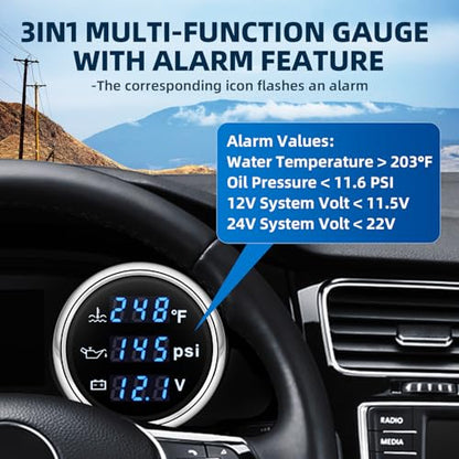 MH Triple Gauge Set - Water Temp (104°F-248°F), Oil Pressure (0-145PSI), Voltmeter (9-32V), Blue Backlight AUTO Gauge with Sensors 2" 52mm 3-in-1 Boat Marine Meter Kit (Black and Silver) - color: Black and Silver